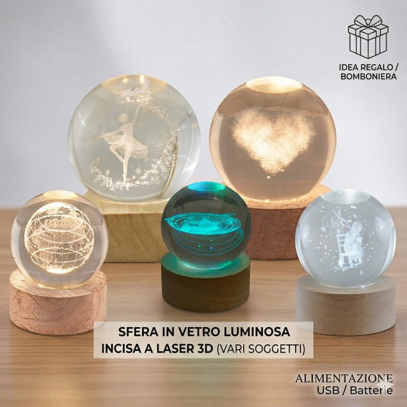 Sfera in Vetro con Incisione Laser 3D su Base in Legno – Luce LED Decorativa e Idea Bomboniera