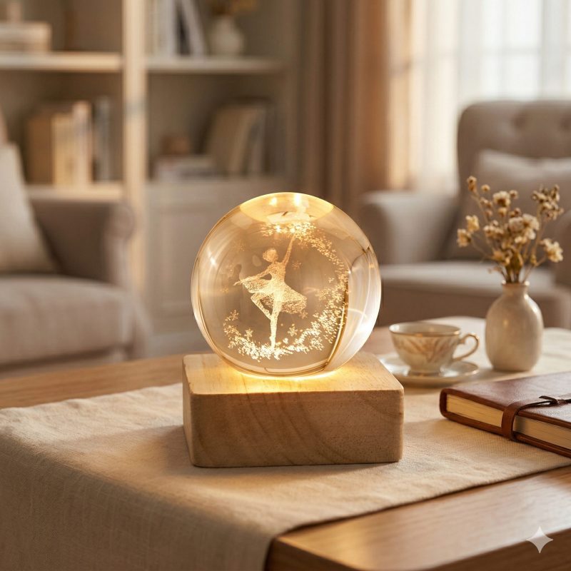 Sfera in Vetro con Incisione Laser 3D su Base in Legno – Luce LED Decorativa e Idea Bomboniera