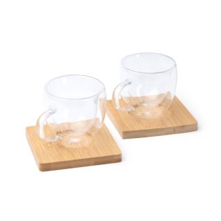 Set 2 Tazze Caffè Vetro Doppia Parete e Sottobicchieri in Bambù