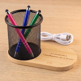 Portapenne in Metallo e Bambù con Ricarica Wireless con incisione personalizzata