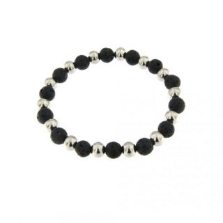 Bracciale Elastico Uomo in Pietra Lavica e Sfere in Acciaio