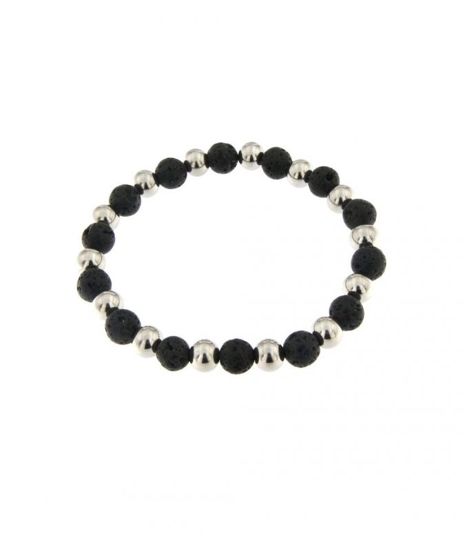 Bracciale Elastico Uomo in Pietra Lavica e Sfere in Acciaio