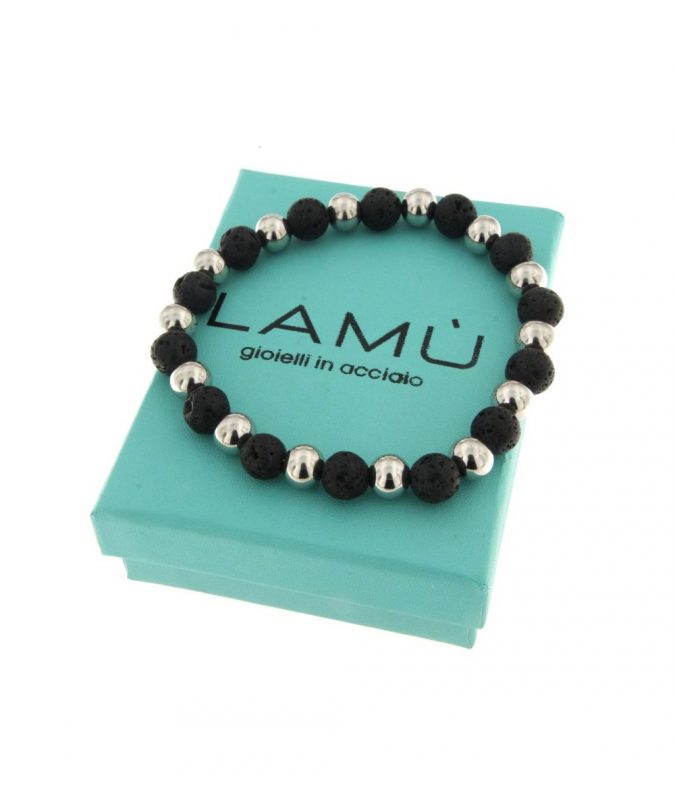 Bracciale Elastico Uomo in Pietra Lavica e Sfere in Acciaio