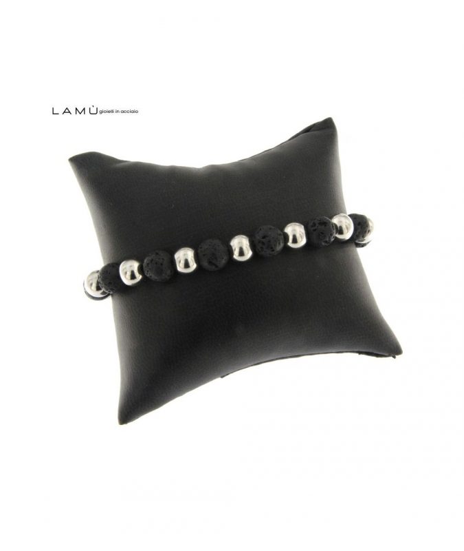 Bracciale Elastico Uomo in Pietra Lavica e Sfere in Acciaio