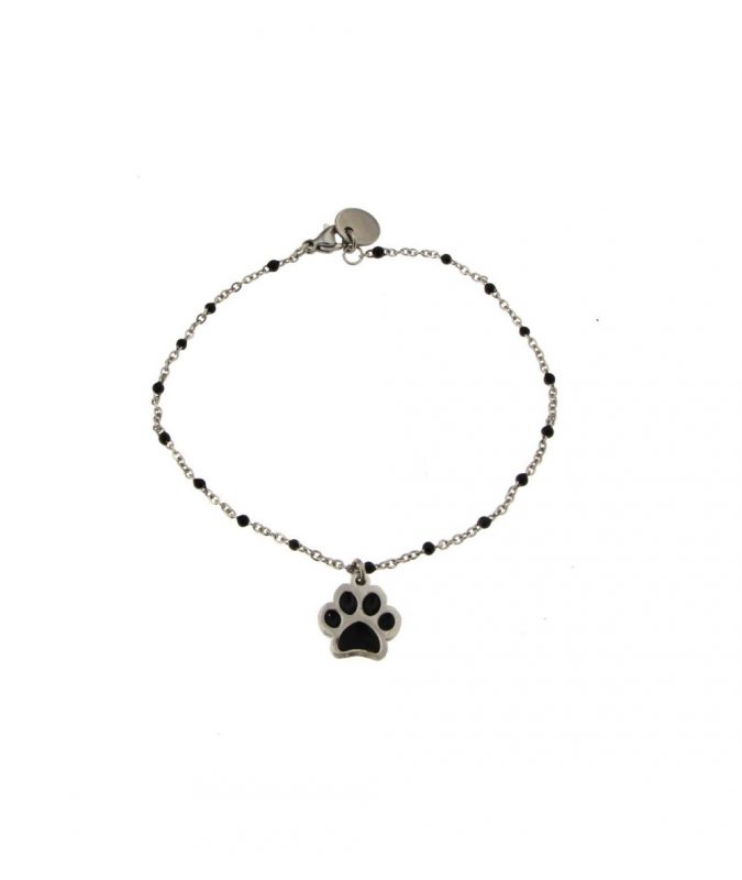 Bracciale da Bambina in Acciaio Inox con Catena a Sfere e Charm Zampa Nero